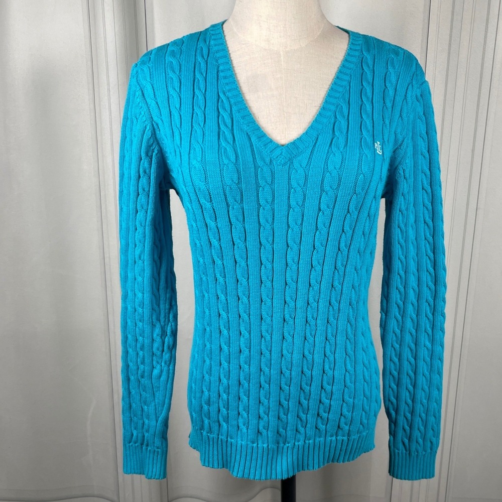 Lauren Ralph‎ Lauren Cable Knit V-Neck Sweater Blue Cotton Size M